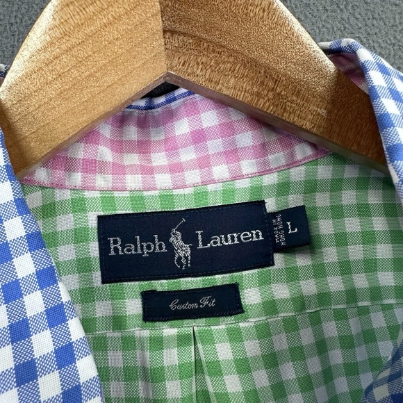 Ralph Lauren Shirt Large Blue Pink Colorful Gingham Check Party Custom Fit - Picture 6 of 7